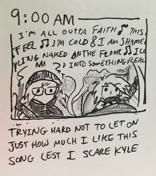 in the car on the way to work and i'm vibrating while &ldquo;torn&rdquo; by natalie imbruglia plays on the stereo. kyle is driving. trying hard not to let on just how much i like this song lest i scare kyle
