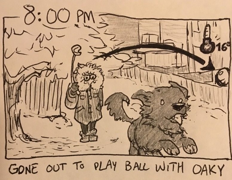 gone out to play ball with oaky. i'm back in my giant parka as it's 16&deg; outside. i'm using a chuck-it to throw the ball in the backyard strip for oakley to go long