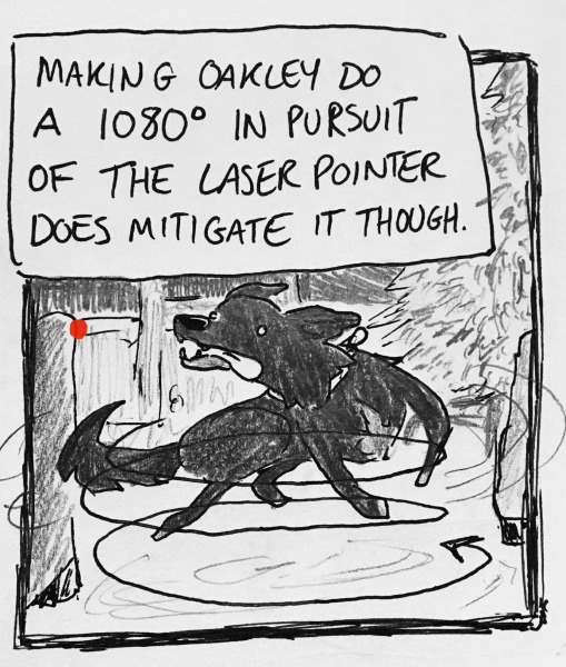 making oakley do a 1080&deg; in pursuit of the laser pointer does mitigate it though. in my living room, oakley's tongue is lolling way out of her head as her body contorts itself in circles, chasing the little red dot.