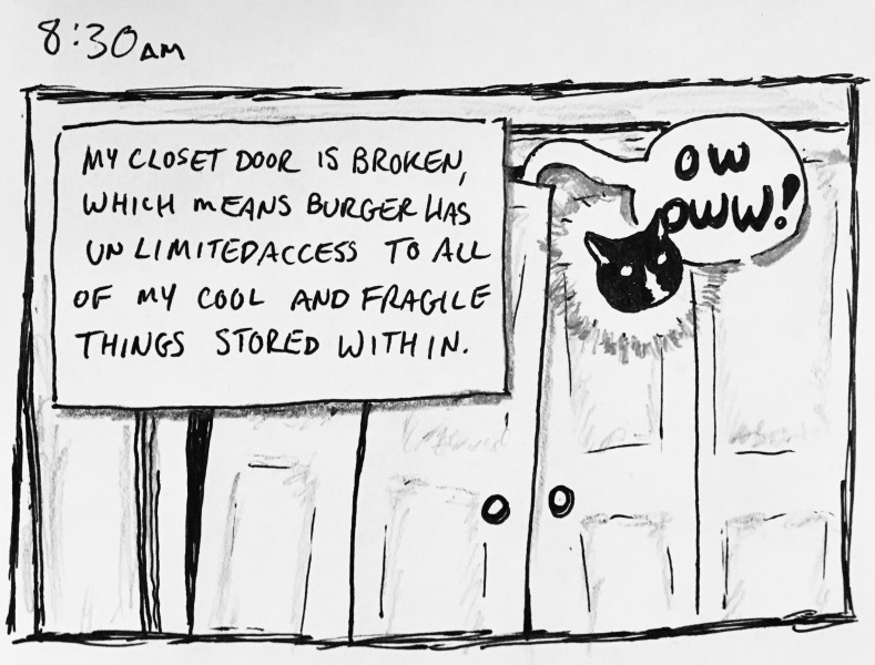 my closet door is broken, which means burger (the cat) has unlimited access to all of my cool and fragile things stored within. she is currently inside, yelling her battle cry: &ldquo;OW OWW!&rdquo;