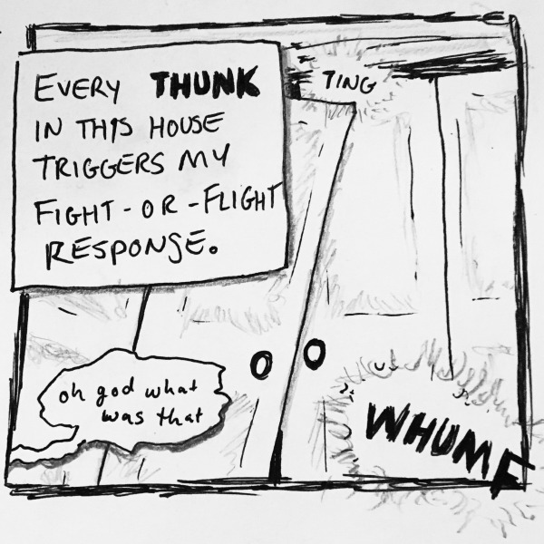every THUNK in this house triggers my fight-or-flight response. from within the closet there is a TING and a WHUMF; i weakly murmur &ldquo;oh god what was that&rdquo;