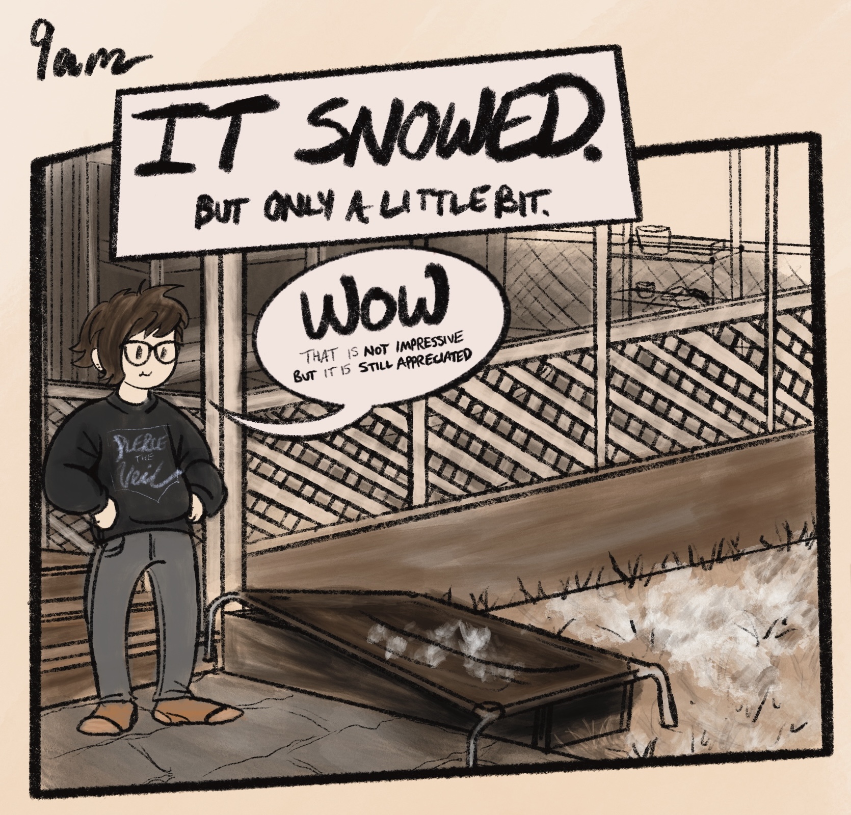 digitally-drawn comic panel with the caption: &ldquo;9am: IT SNOWED. but only a little bit.&rdquo; i'm drawn standing in my backyard in my faded old sweatshirt, ratty jeans and basic socks, on the paving stones next to a snowy and dirty outdoor dog bed. behind me is my screened-in latticed porch. i'm smiling a little as i look at the tiny pile of snow on the ground (already mostly melted back into dirt) and say &ldquo;WOW, that is not impressive but it is still appreciated.&rdquo;