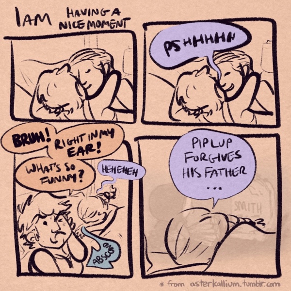 four panels captioned 1am: having a nice moment. panel 1: my fiancee and i are in bed having a snuggle. panel 2: exact same as panel 1, but my fiancee is making a loud &ldquo;PSHHHH&rdquo; noise directly into my ear! panel 3: i've absconded out of my fiancee's grasp and she's fallen into a flat giggling heap on the bed, laughing &ldquo;hehehehehe&rdquo; while i hold my ear and frown immensely. &ldquo;bruh!&rdquo; i say! &ldquo;right in my EAR!&rdquo; i say! &ldquo;what was that for?&rdquo; panel 4: my fiancee, still facedown on the bed, murmurs &ldquo;piplup forgives his father...&rdquo; overlaid and nearly transparent is a grayscale version of @asterkallium's piplup artwork, featuring piplup the pokemon at the grave of someone named smith. piplup is holding flowers and looks forlorn. a caption at the bottom states it's from asterkallium.tumblr.com, which you should check out