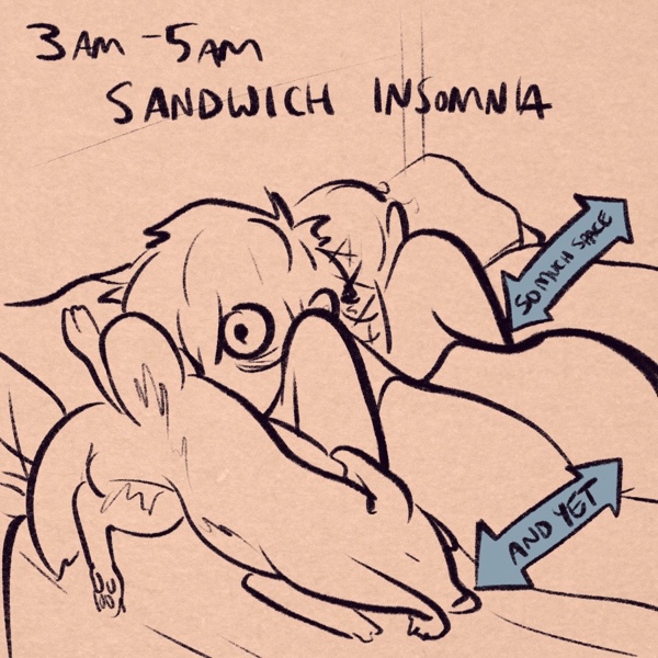 comic panel captioned 3am - 5am: sandwich insomnia. i'm in bed between my fiancee and my dog, cramped on my side in a skinny line with my dog pressed against my front and my fiancee against my back. mostly you can just see my hair, part of an art, and one wide-open, exhausted eye. my dog, a labrador-heeler mix, is stretched out long and upside-down (butthole on my pillow of course) with her belly in the air, dreaming away. my fiancee's back is against me and she's also sleeping comfortably. there's an arrow showing the Massive amount of open bed space my fiancee or dog could be sleeping in, but another arrow (showing my ~8inches of bed real estate) simply states &ldquo;and yet&rdquo;...